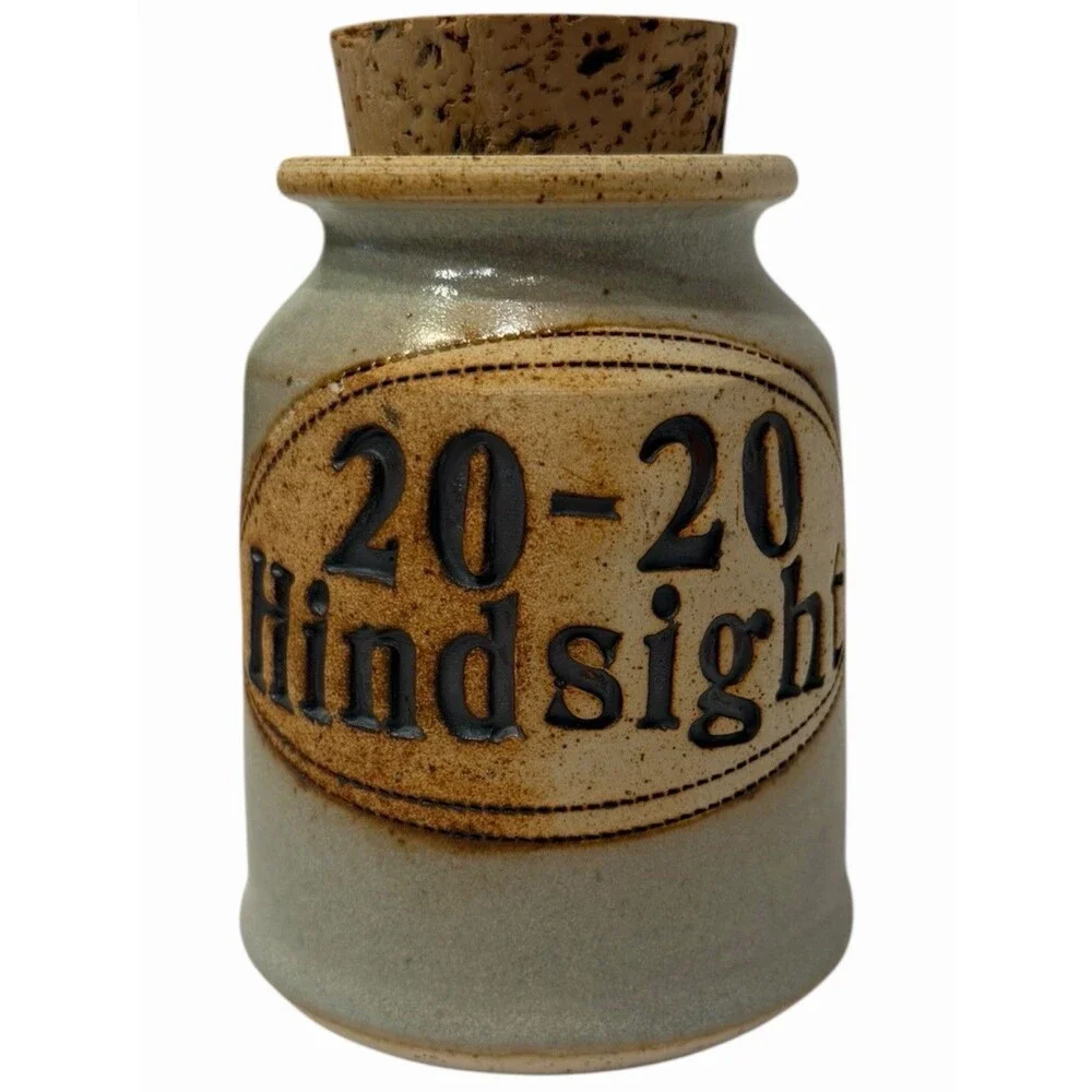 Stoneware Cork Lid Jar 20-20 Hindsight Brophy Pottery Humor Storage Jar Vintage